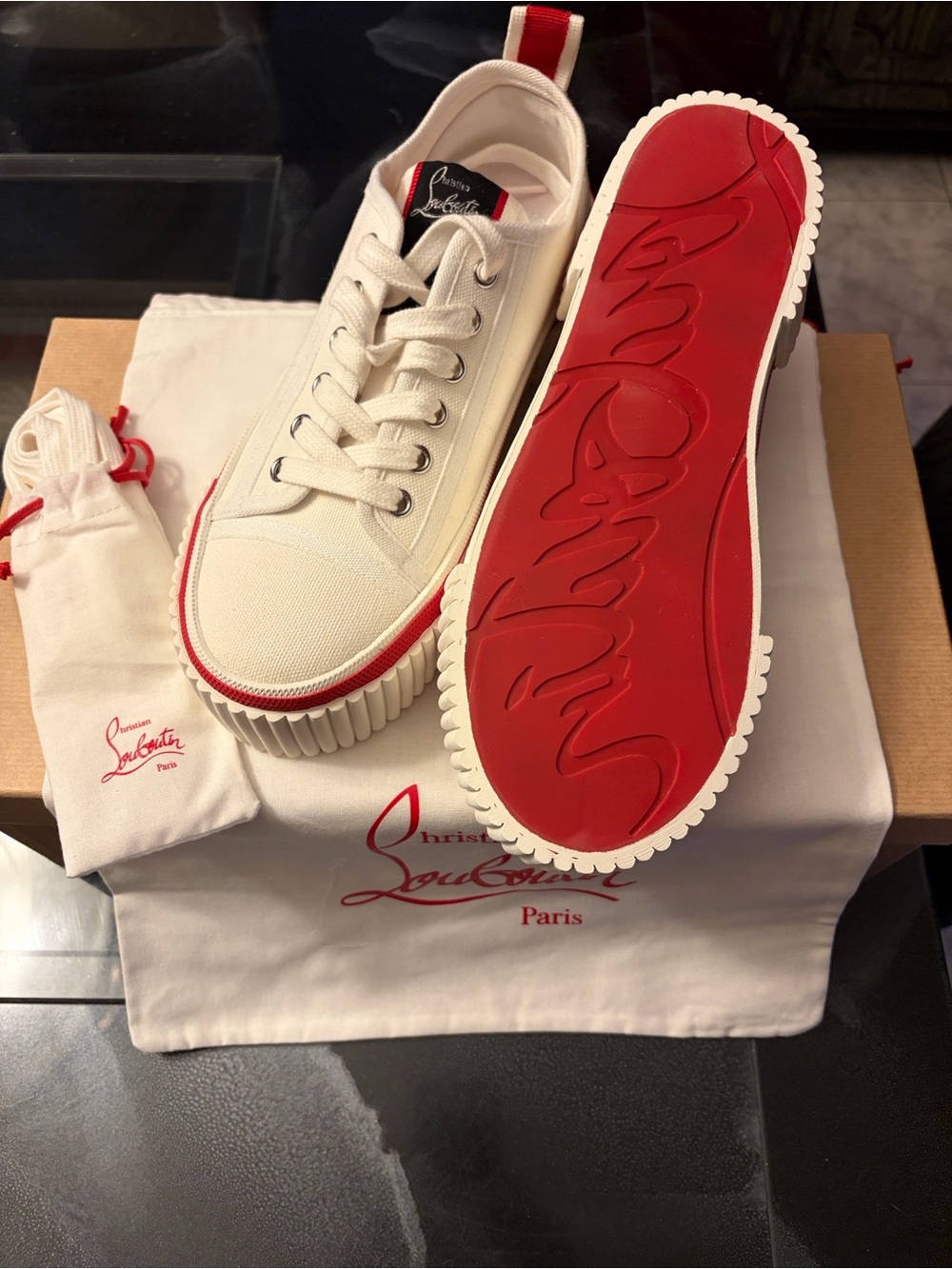 Christian Louboutin White Canvas Low-Top Sneakers with Red Sole and Trim